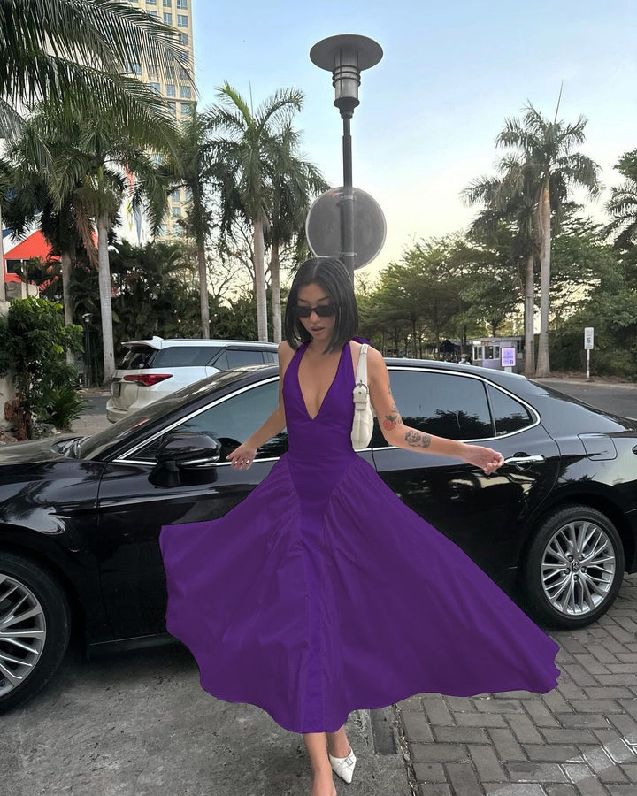 AMALIYA A-line maxi dress with a neck tie and open back