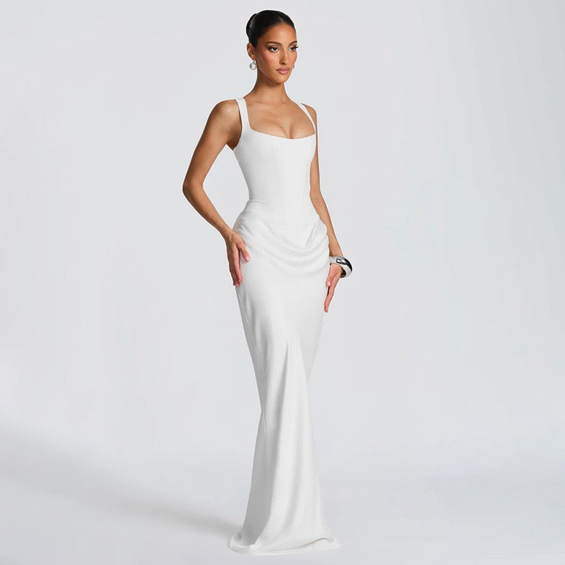 Maxi dress with satin pleats and a tie-back bodice for fastening at the waist - Loiana