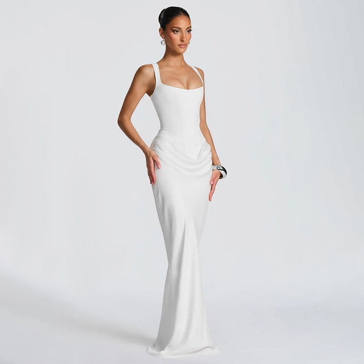 Maxi dress with satin pleats and a tie-back bodice for fastening at the waist - Loiana