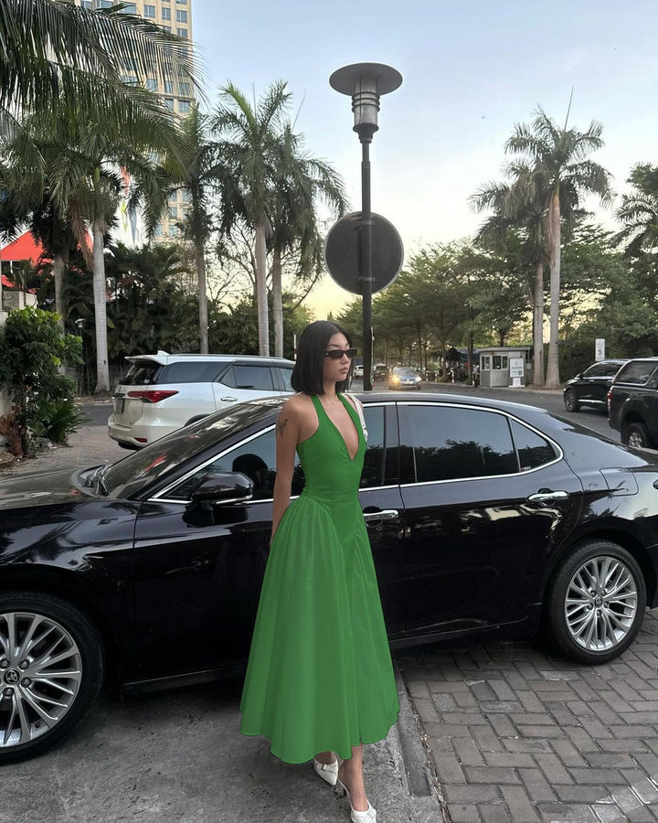 AMALIYA A-line maxi dress with a neck tie and open back