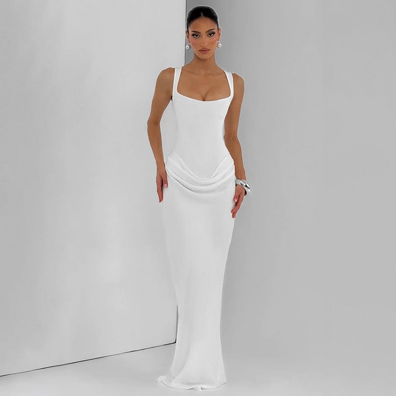 Maxi dress with satin pleats and a tie-back bodice for fastening at the waist - Loiana