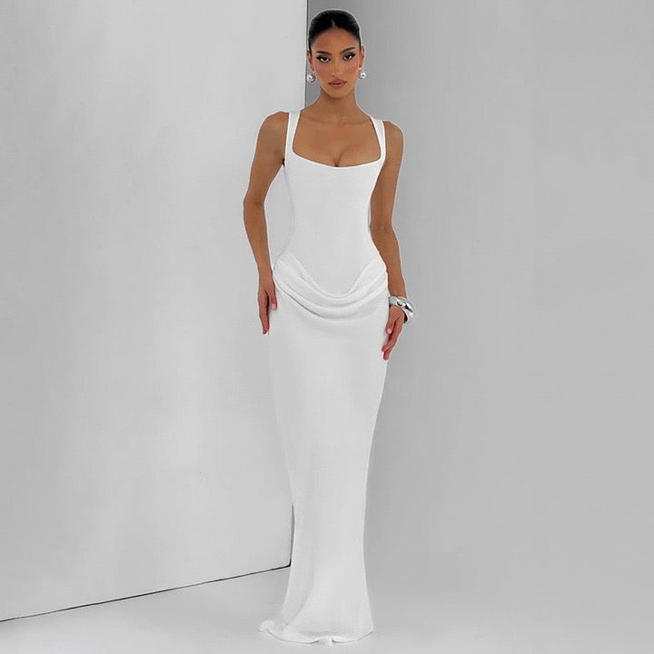 Maxi dress with satin pleats and a tie-back bodice for fastening at the waist - Loiana