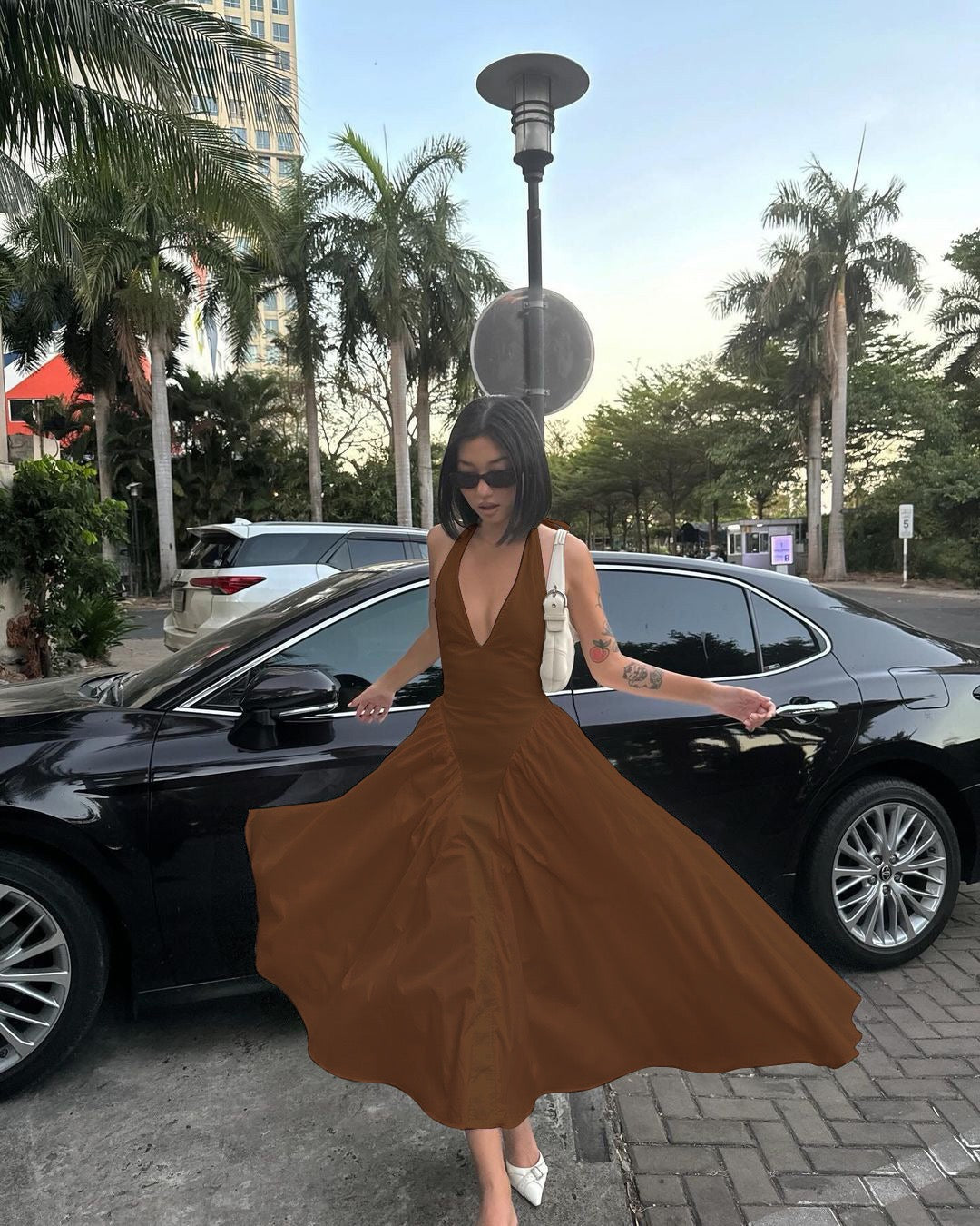 AMALIYA A-line maxi dress with a neck tie and open back