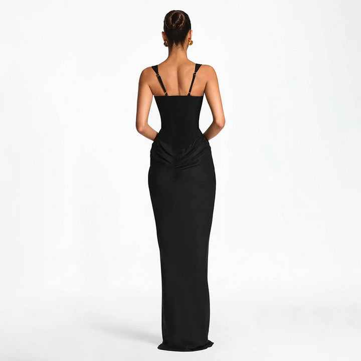 Maxi dress with satin pleats and a tie-back bodice for fastening at the waist - Loiana