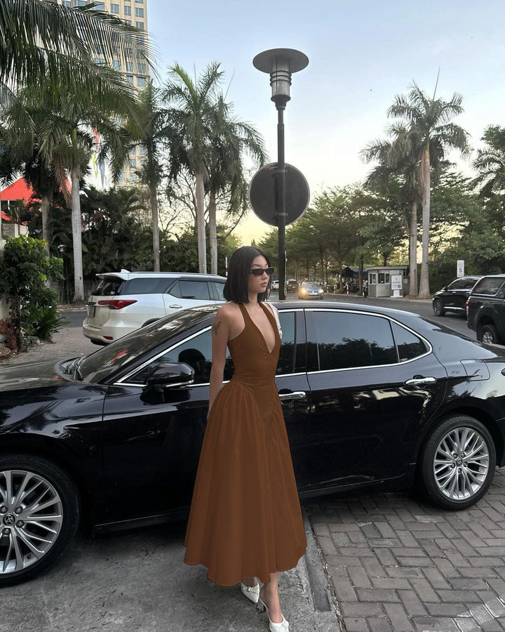 AMALIYA A-line maxi dress with a neck tie and open back