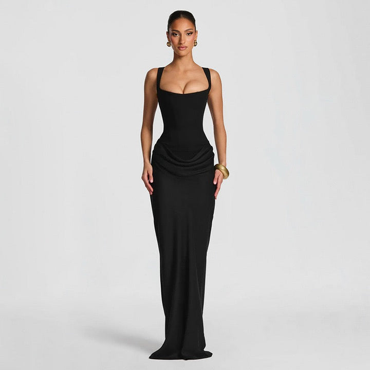 Maxi dress with satin pleats and a tie-back bodice for fastening at the waist - Loiana