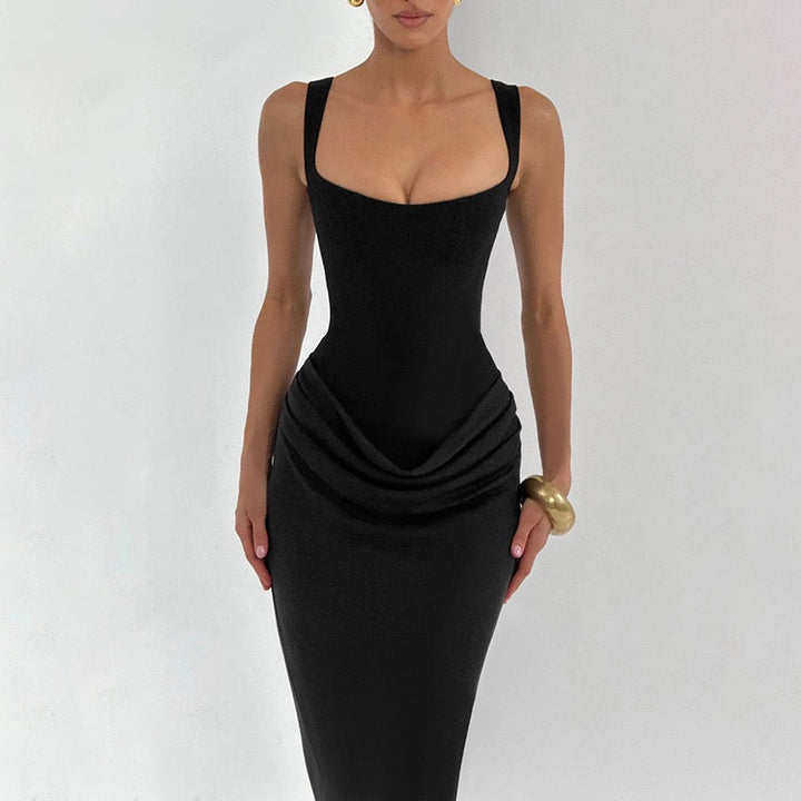 Maxi dress with satin pleats and a tie-back bodice for fastening at the waist - Loiana