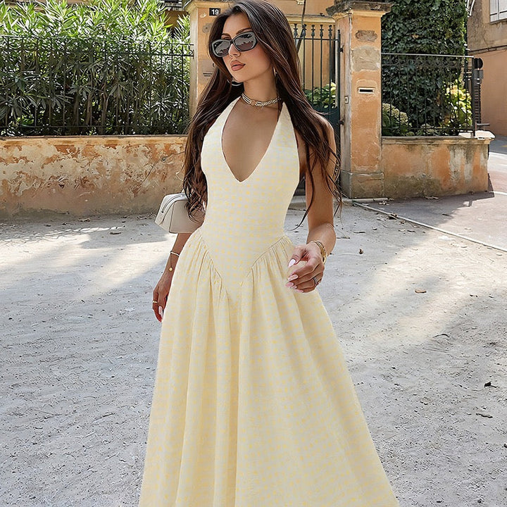 AMALIYA A-line maxi dress with a neck tie and open back