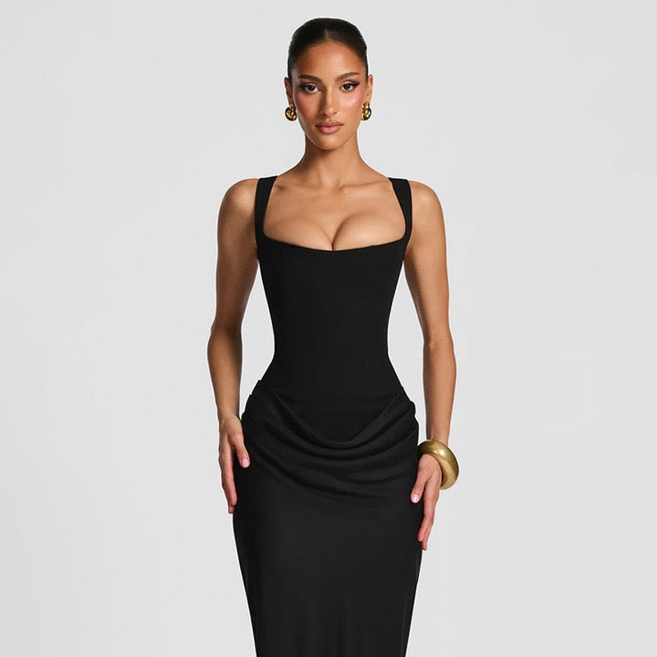 Maxi dress with satin pleats and a tie-back bodice for fastening at the waist - Loiana