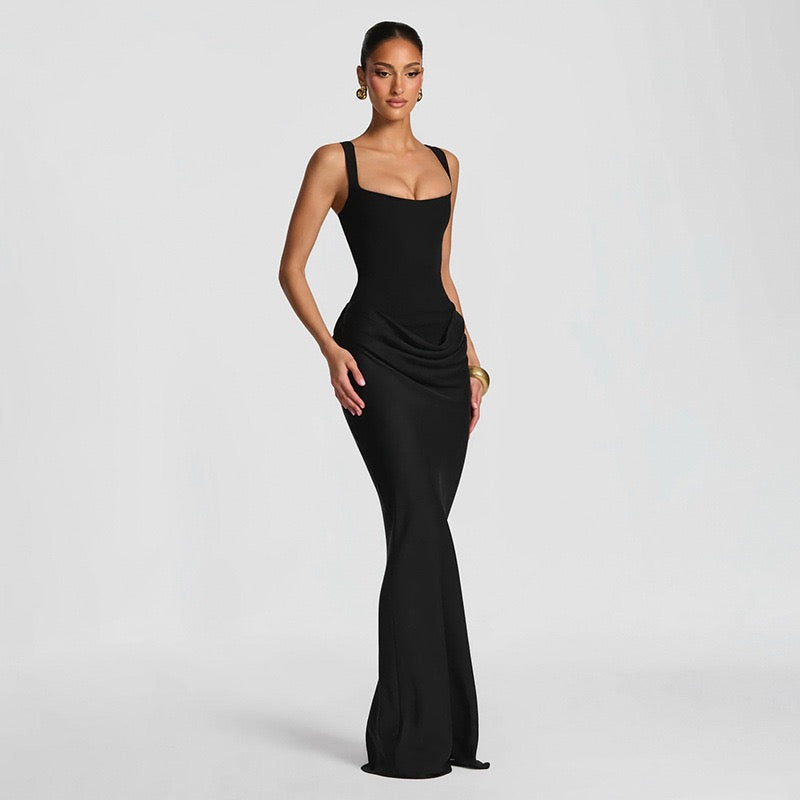 Maxi dress with satin pleats and a tie-back bodice for fastening at the waist - Loiana
