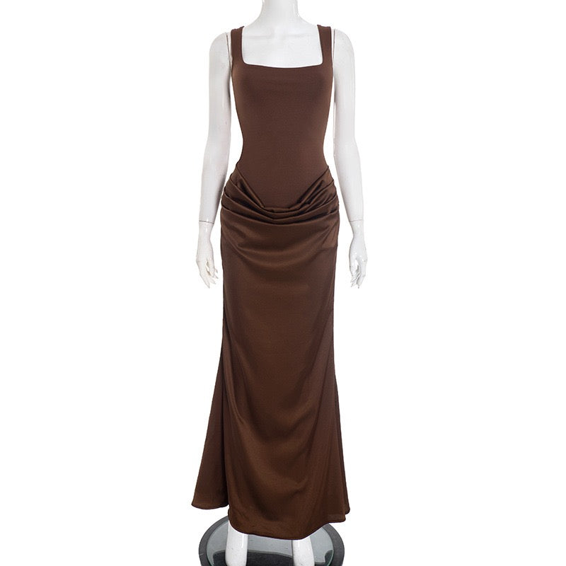 Maxi dress with satin pleats and a tie-back bodice for fastening at the waist - Loiana
