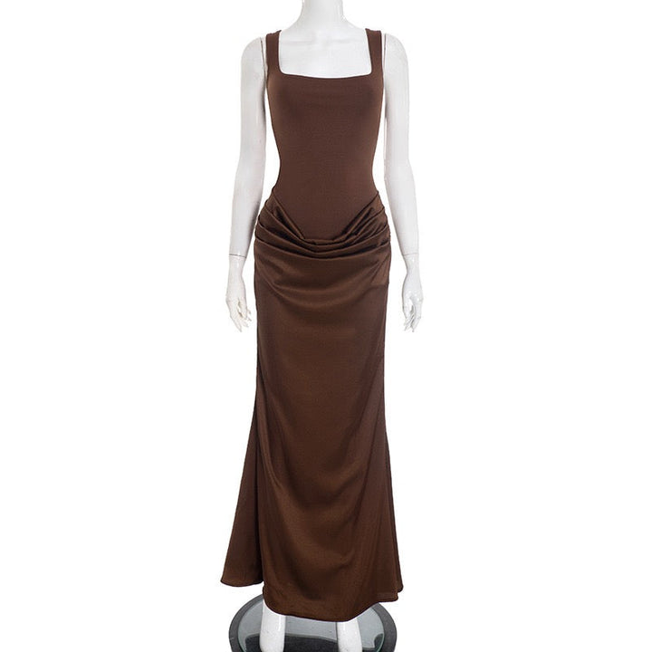 Maxi dress with satin pleats and a tie-back bodice for fastening at the waist - Loiana