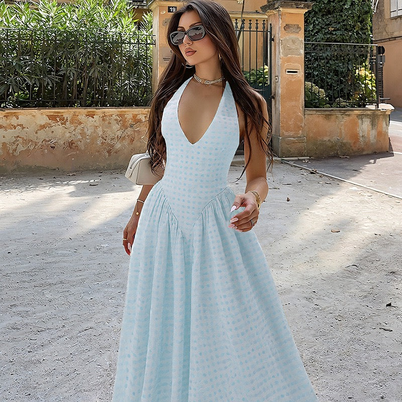 AMALIYA A-line maxi dress with a neck tie and open back