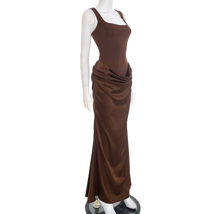 Maxi dress with satin pleats and a tie-back bodice for fastening at the waist - Loiana