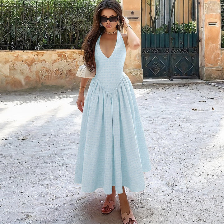 AMALIYA A-line maxi dress with a neck tie and open back