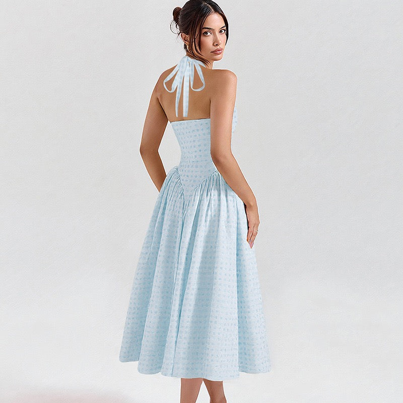 AMALIYA A-line maxi dress with a neck tie and open back