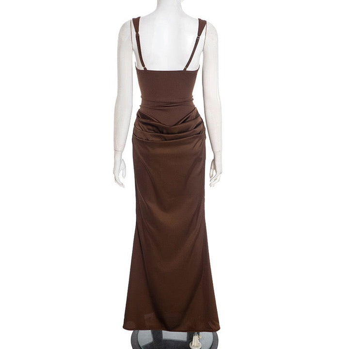 Maxi dress with satin pleats and a tie-back bodice for fastening at the waist - Loiana
