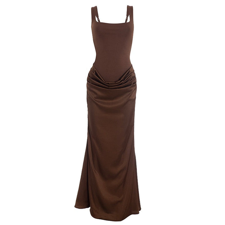 Maxi dress with satin pleats and a tie-back bodice for fastening at the waist - Loiana