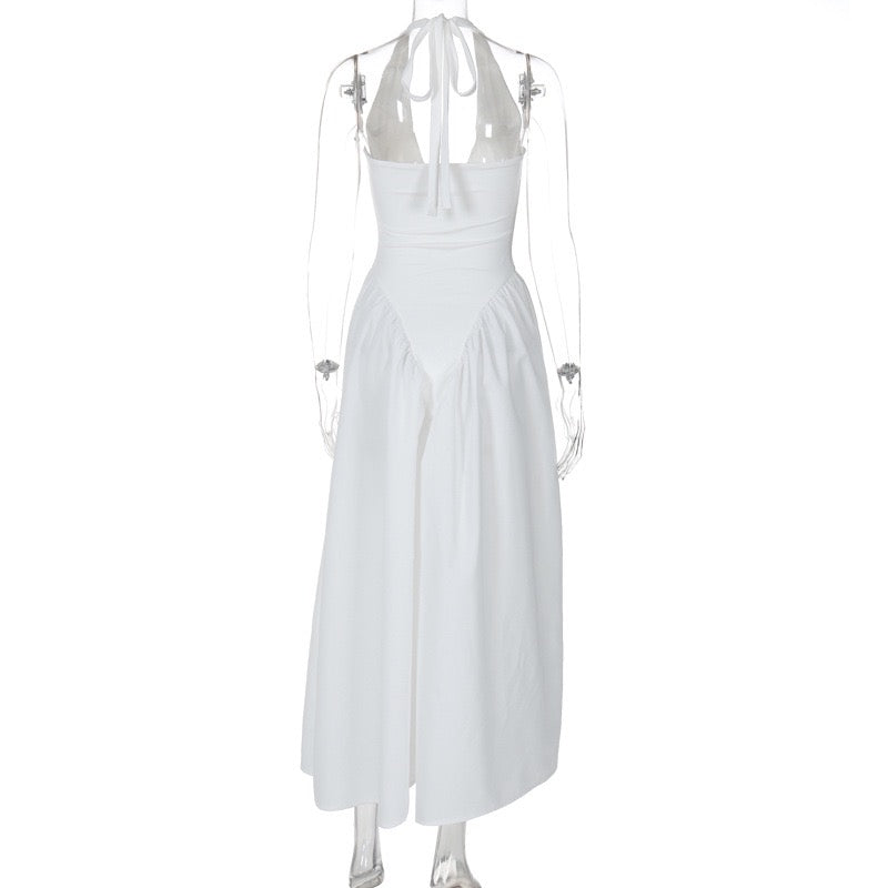 AMALIYA A-line maxi dress with a neck tie and open back
