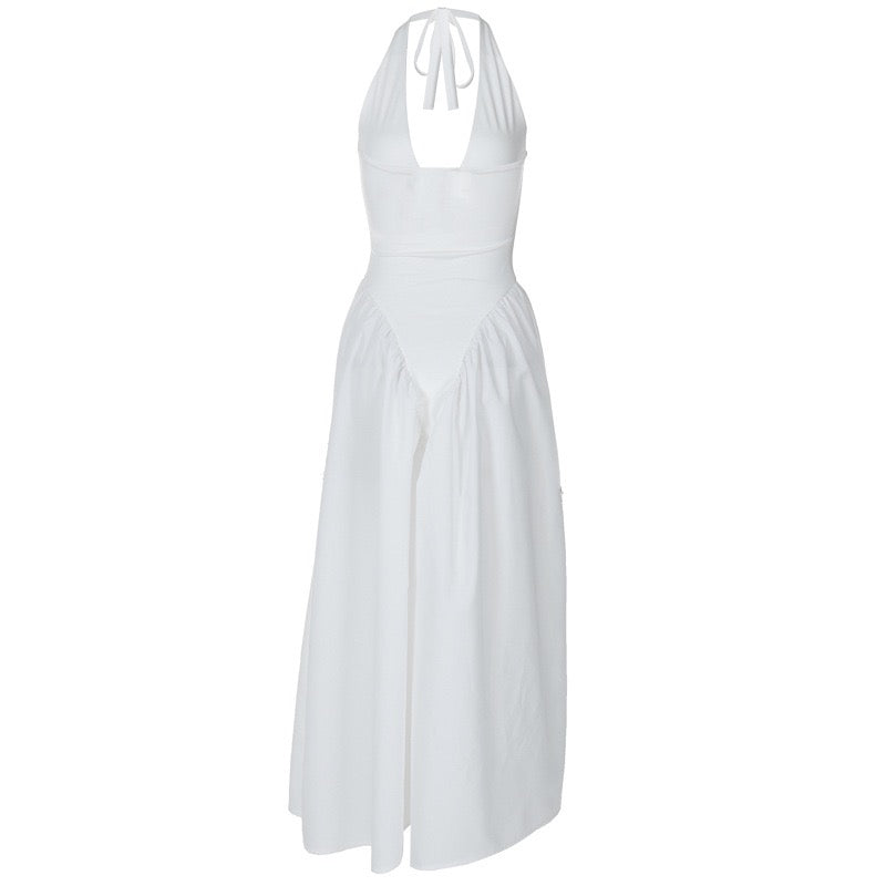 AMALIYA A-line maxi dress with a neck tie and open back
