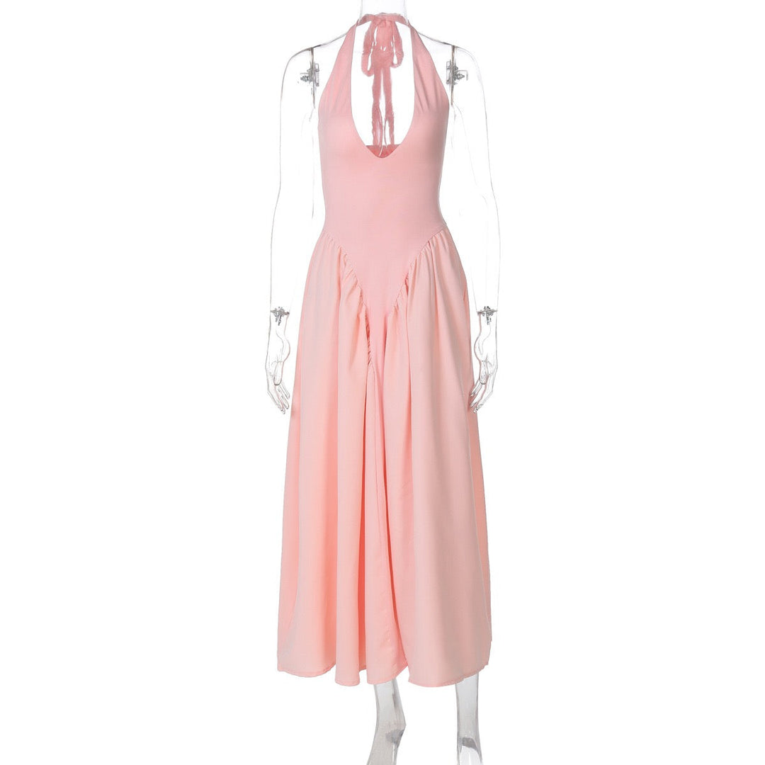 AMALIYA A-line maxi dress with a neck tie and open back