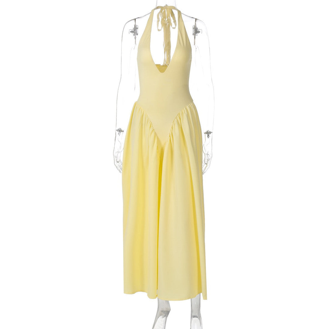 AMALIYA A-line maxi dress with a neck tie and open back