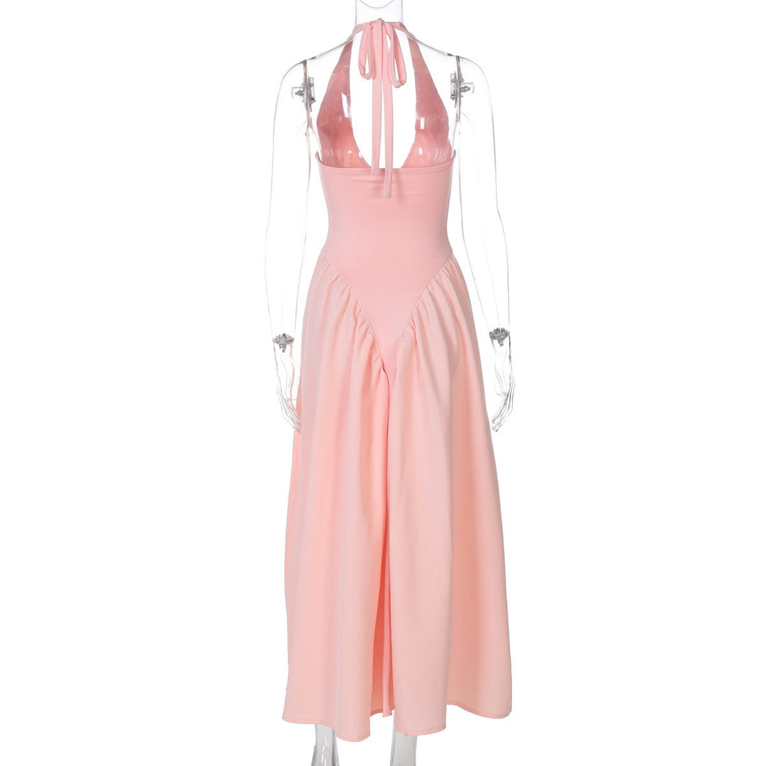AMALIYA A-line maxi dress with a neck tie and open back