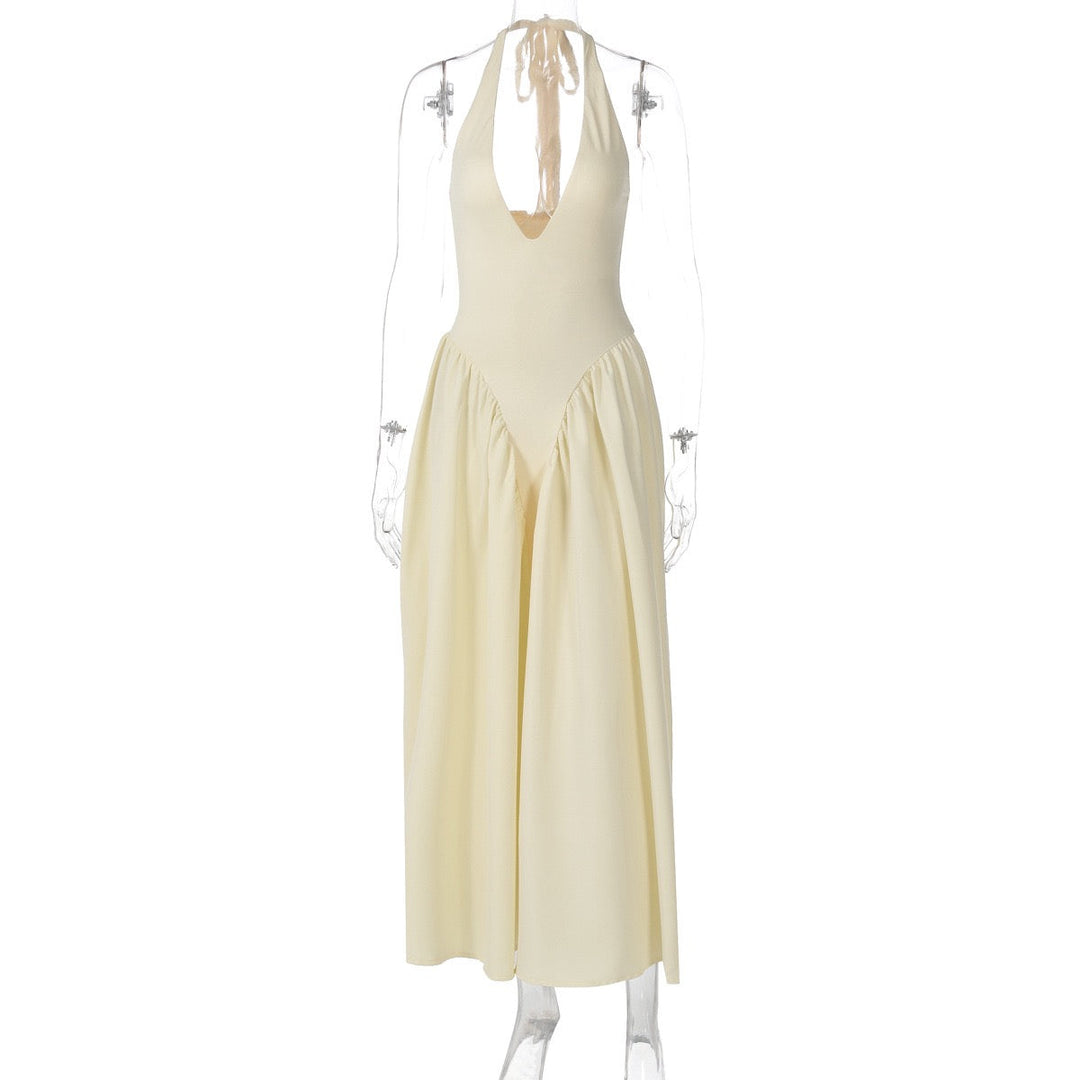 AMALIYA A-line maxi dress with a neck tie and open back