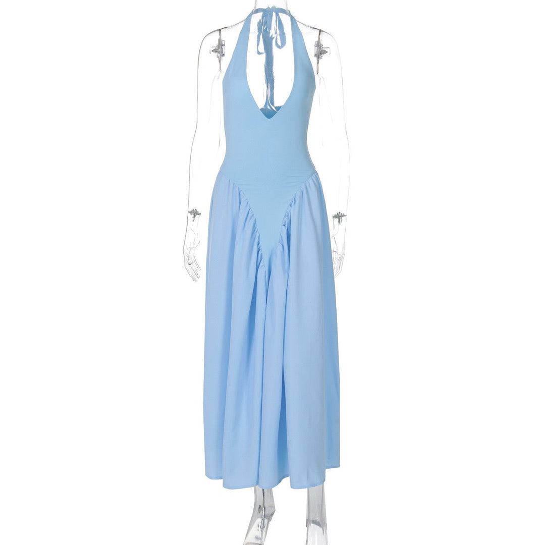 AMALIYA A-line maxi dress with a neck tie and open back