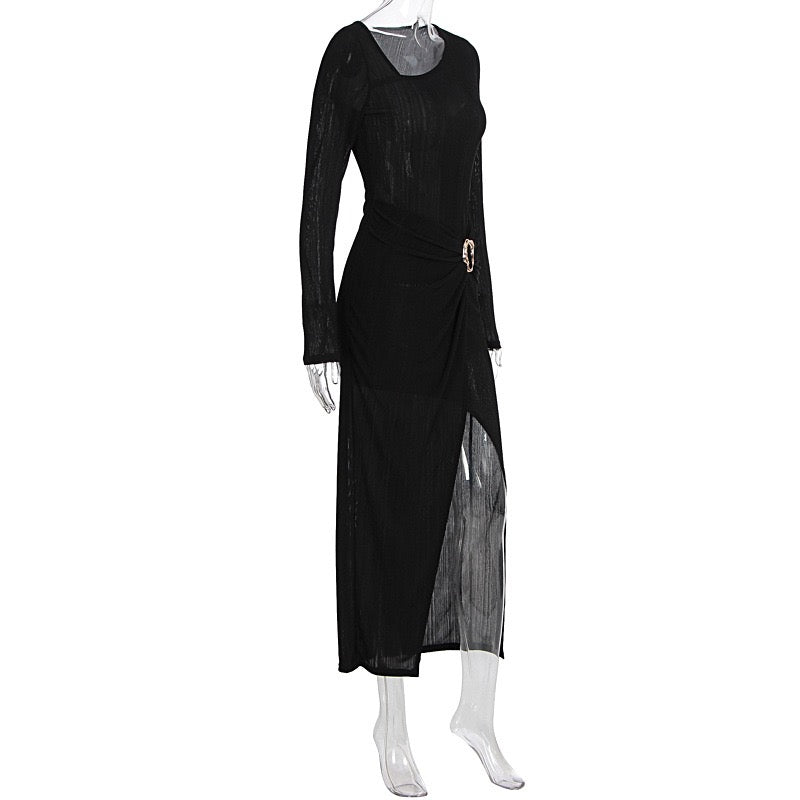 Pleated maxi dress with slit and buckle design - Prudy