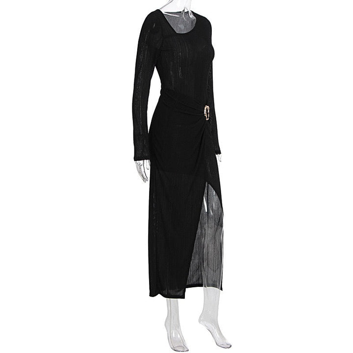 Pleated maxi dress with slit and buckle design - Prudy