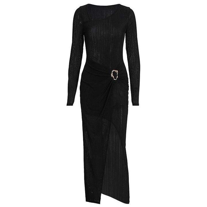 Pleated maxi dress with slit and buckle design - Prudy