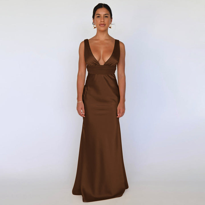 Milia elegant satin maxi dress with a pearl chain at the back