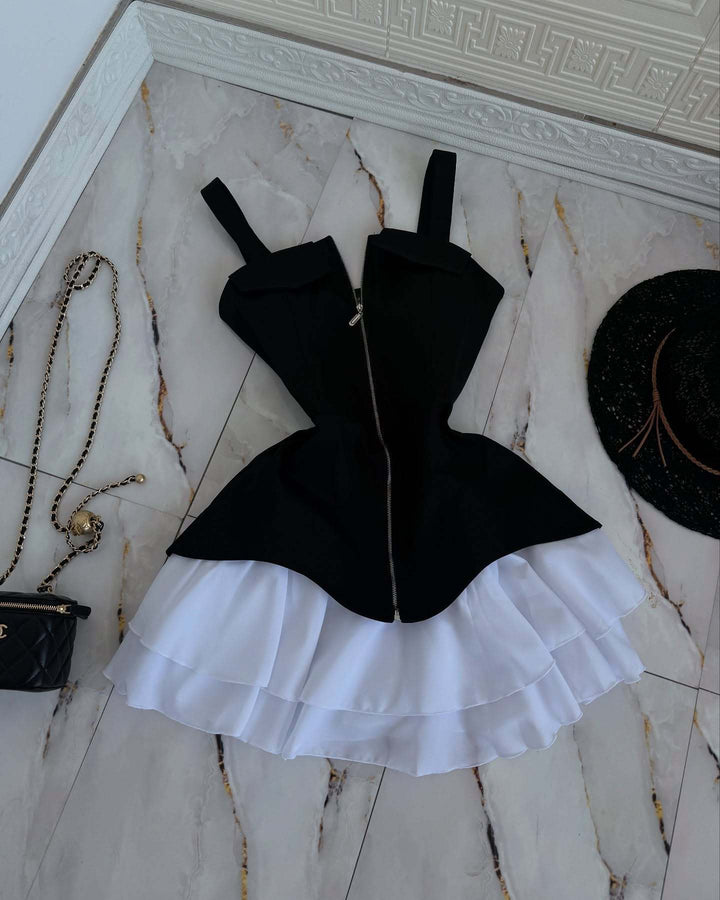 Glinda zip-up mini dress with chiffon ruffle detailing