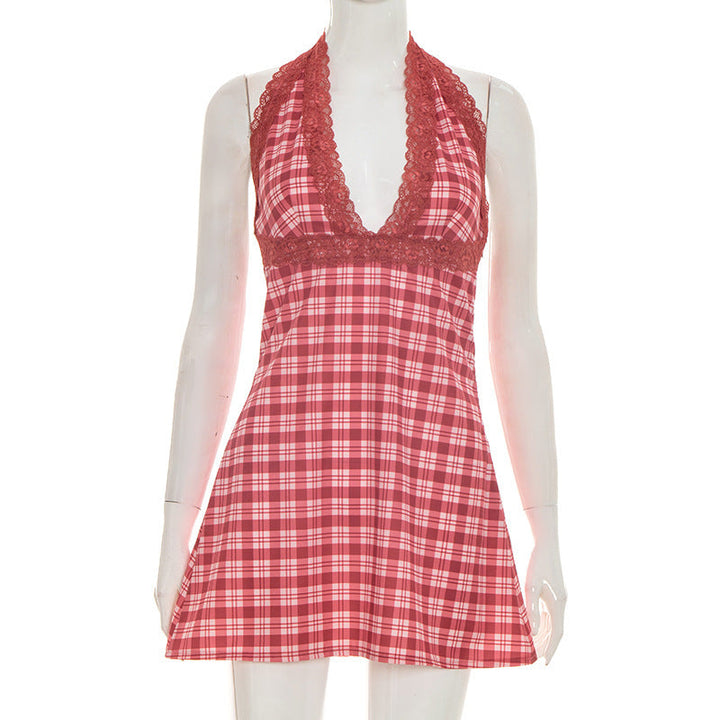 Plaid mini dress with lace trim - Heidi