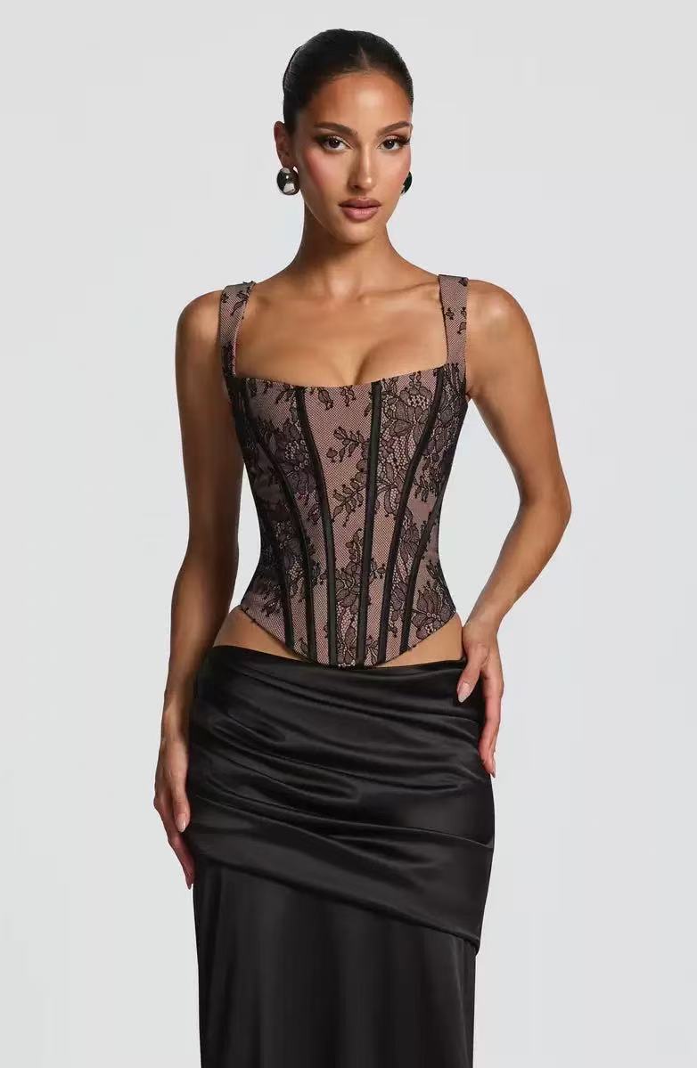 Two-piece set with a lace corset and satin maxi skirt - MONALIZ