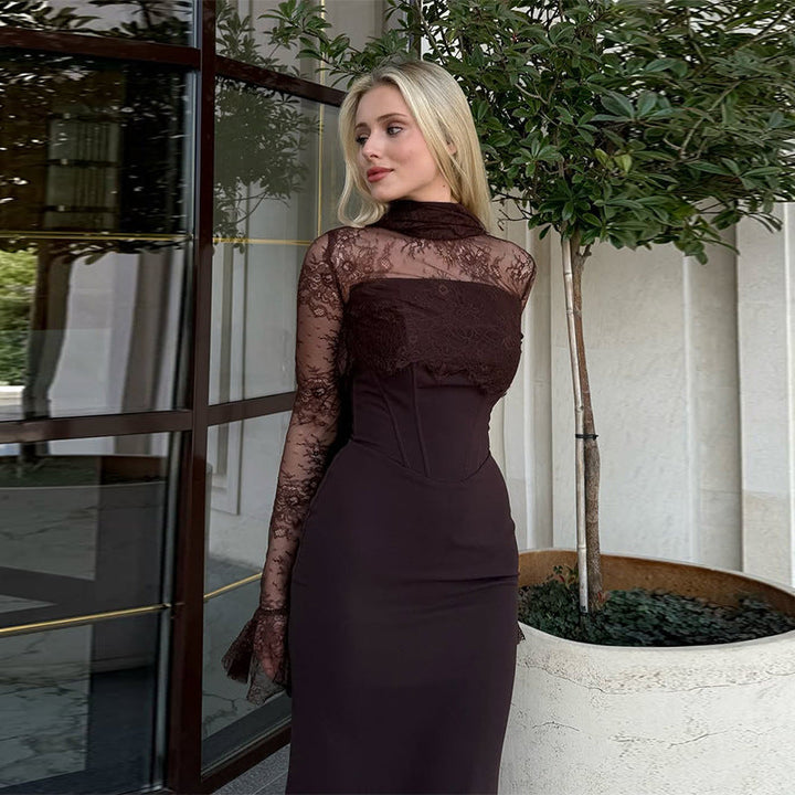 Alisa satin maxi dress with a corset and lace detailing