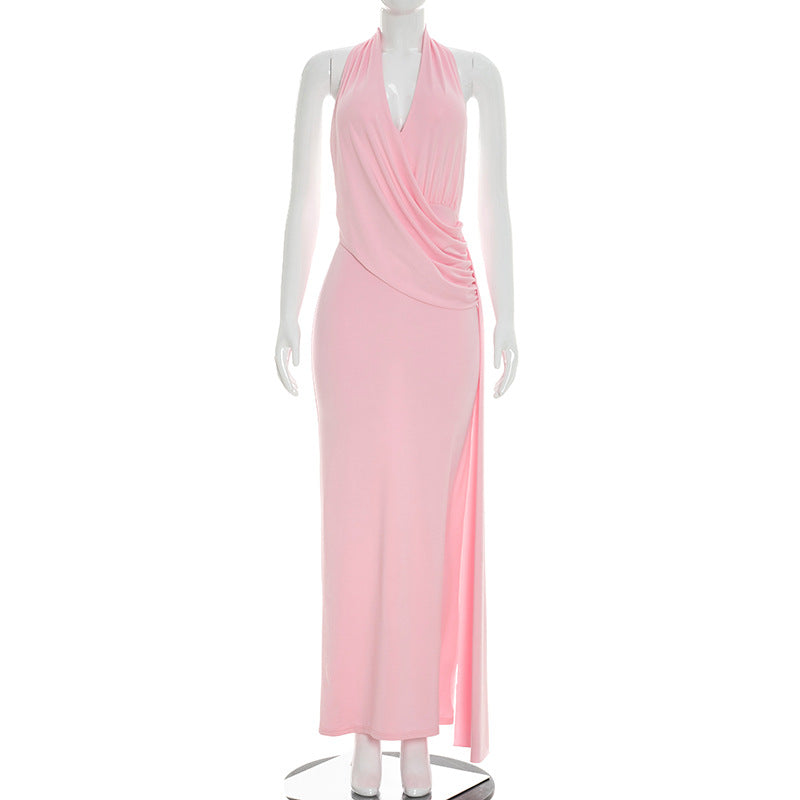 Maxi dress with pleats, a neck tie, and an open back - Pink