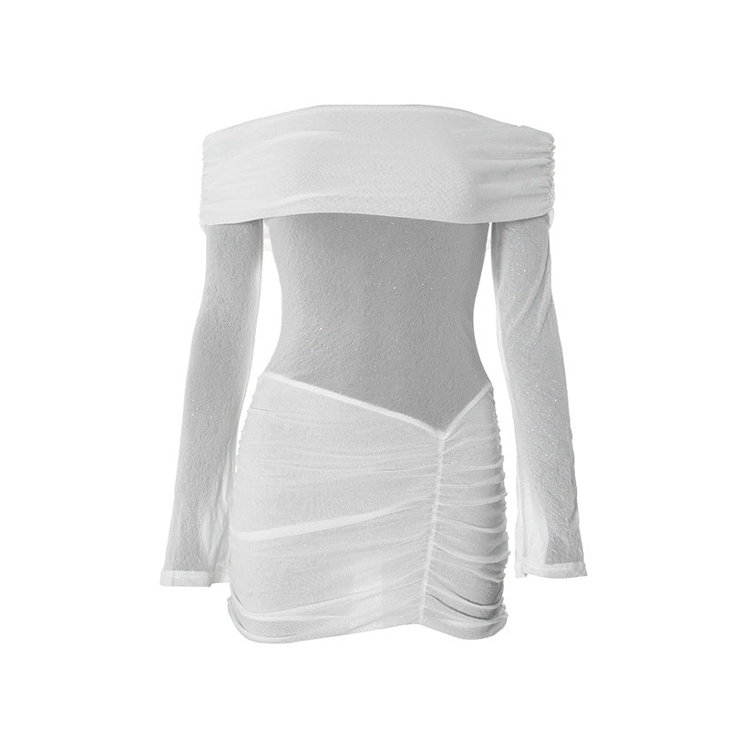 שמלת מיני נצנצים בעיצוב כיווצים כתפיים חשופות - Kiara