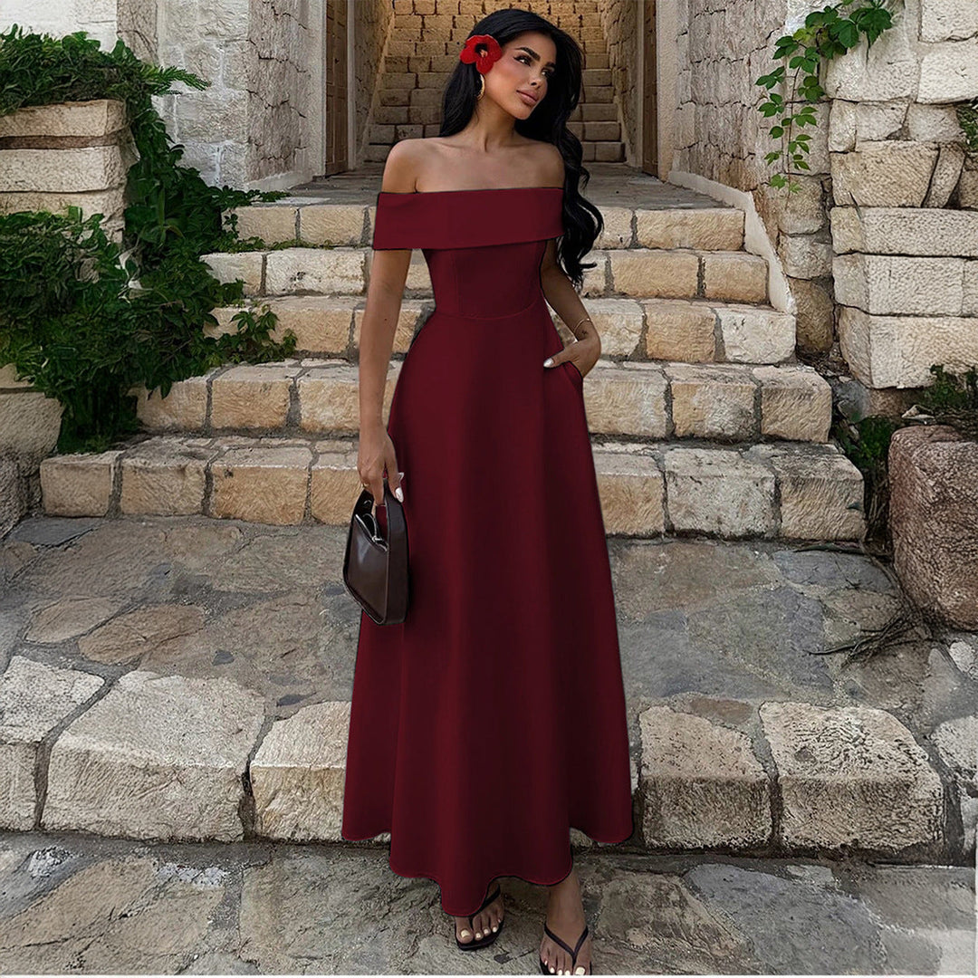 A-line midi dress with an off-the-shoulder design and pockets - HINES