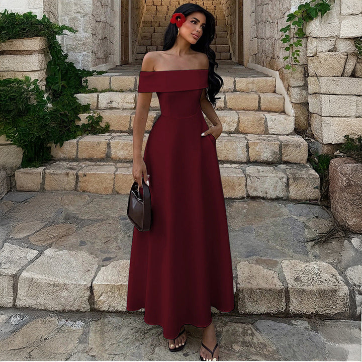 A-line midi dress with an off-the-shoulder design and pockets - HINES