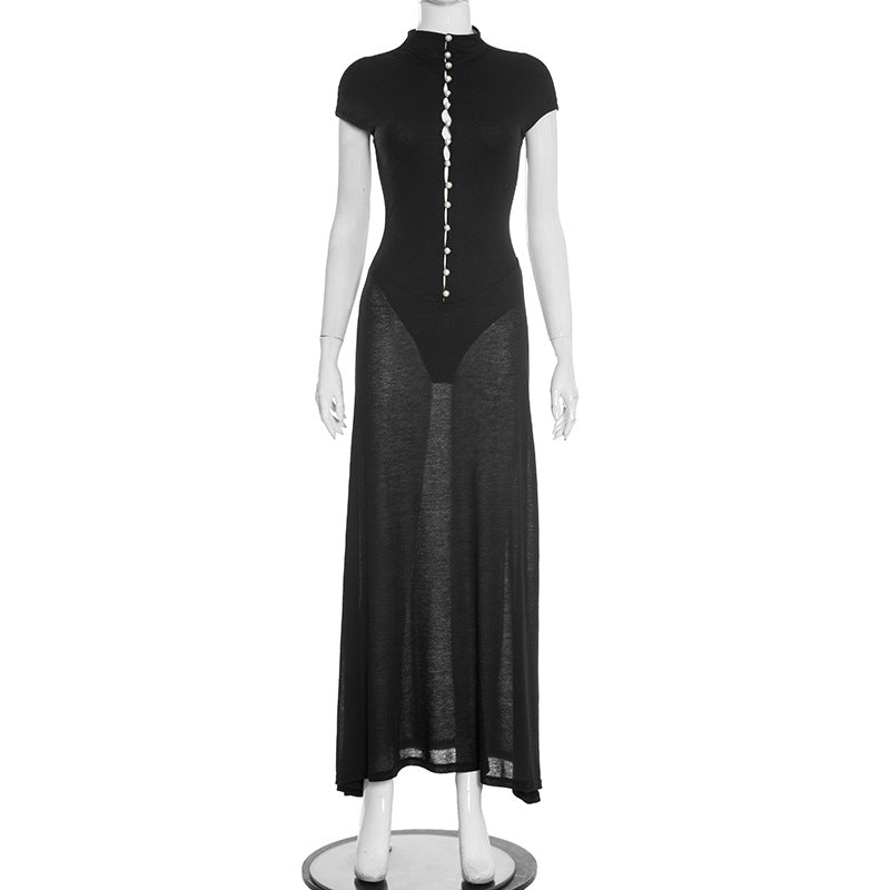 ROSE maxi dress with a bodysuit design and pearl buttons