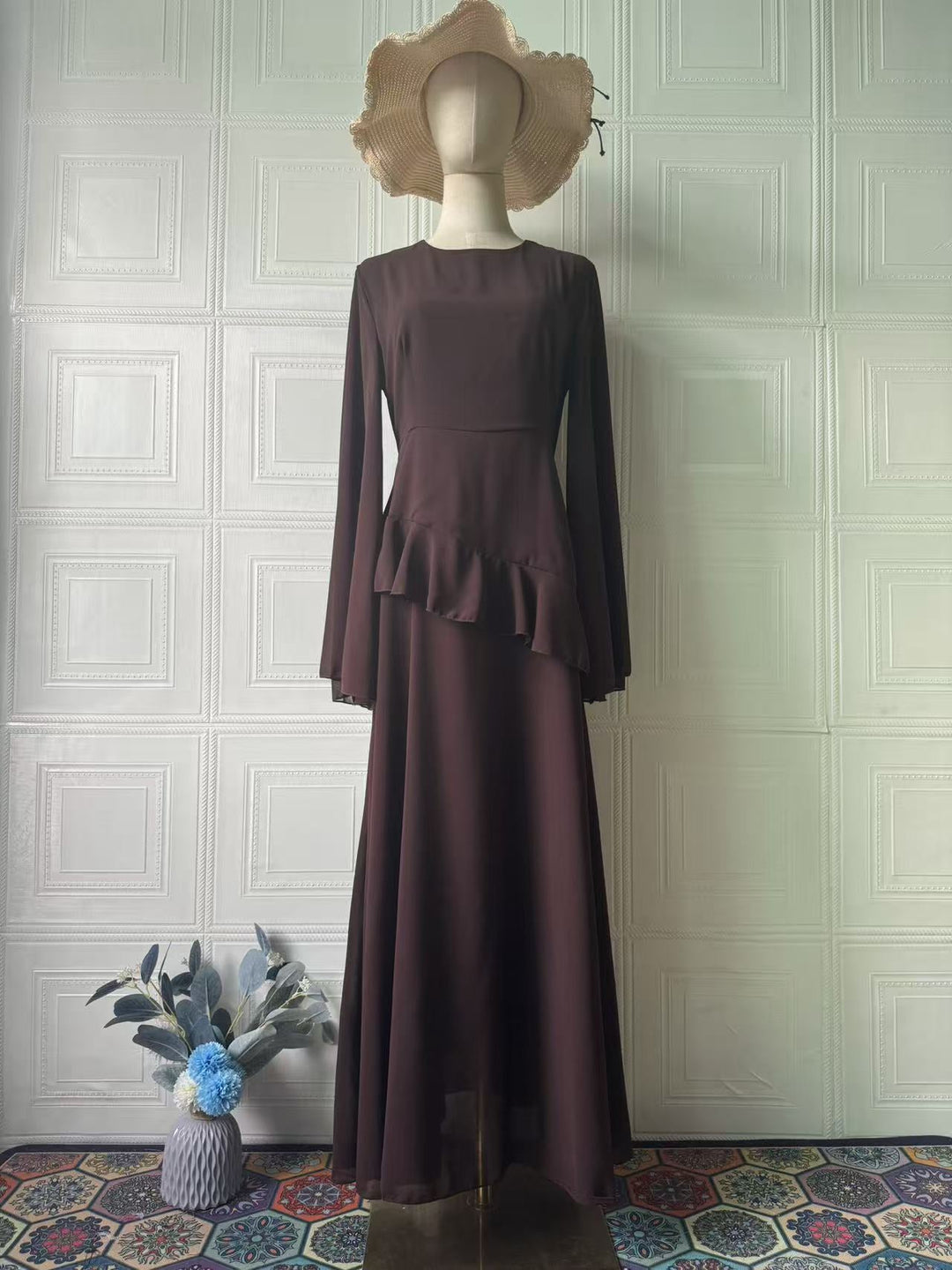 Celeste chiffon maxi dress with a back tie and ruffle detail