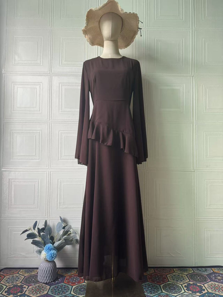 Celeste chiffon maxi dress with a back tie and ruffle detail