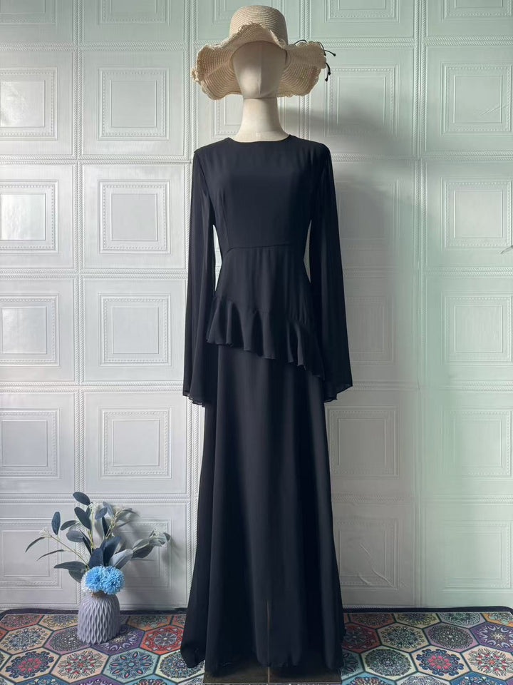 Celeste chiffon maxi dress with a back tie and ruffle detail