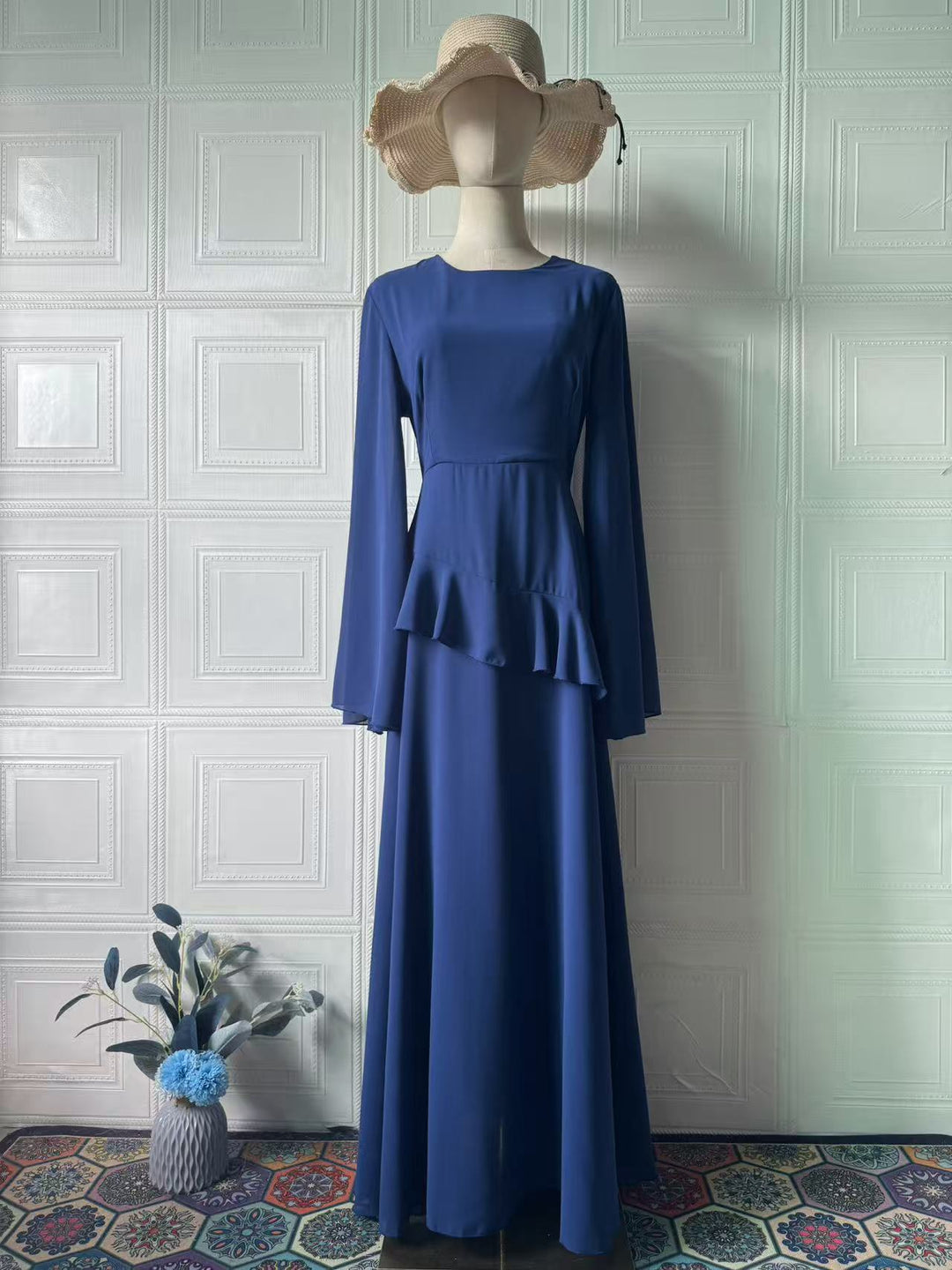 Celeste chiffon maxi dress with a back tie and ruffle detail