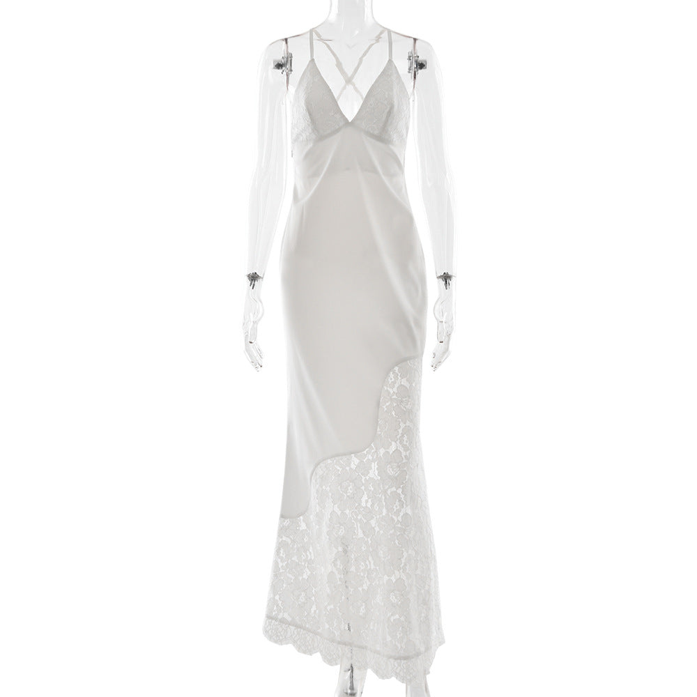 Satin maxi dress with a lace design - Blanca