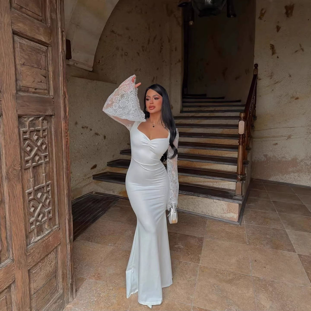 Amara maxi dress in shaping fabric with lace bell sleeves