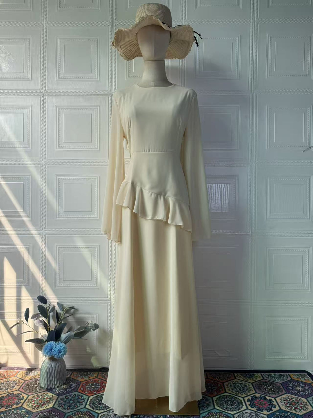 Celeste chiffon maxi dress with a back tie and ruffle detail