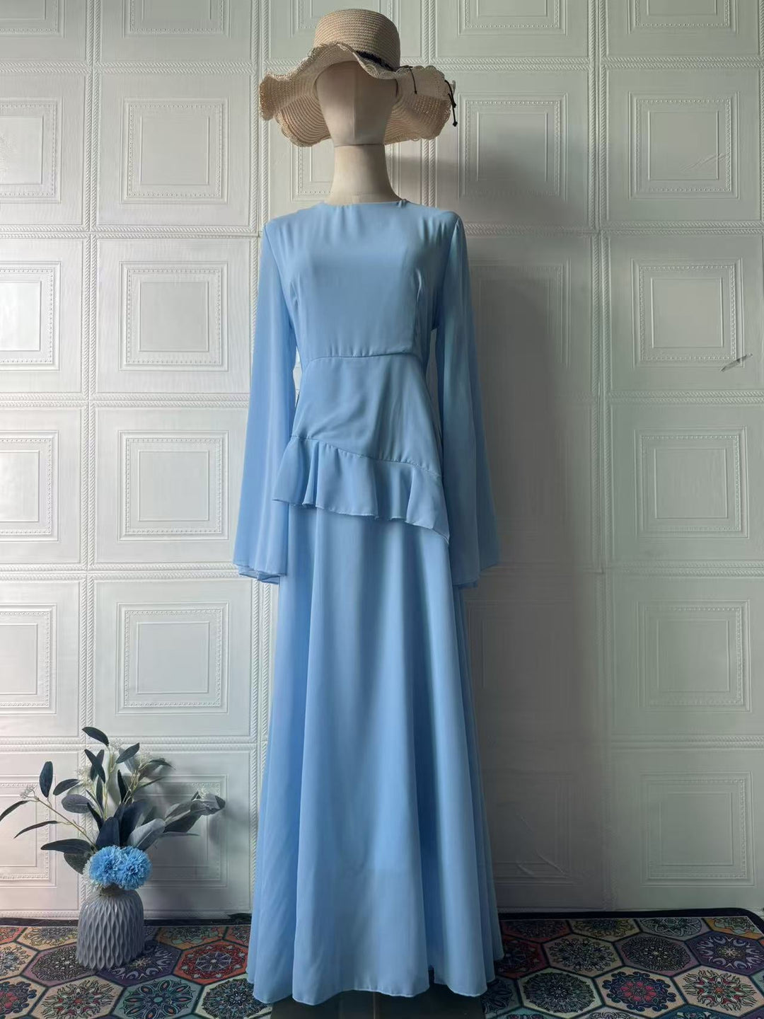 Celeste chiffon maxi dress with a back tie and ruffle detail